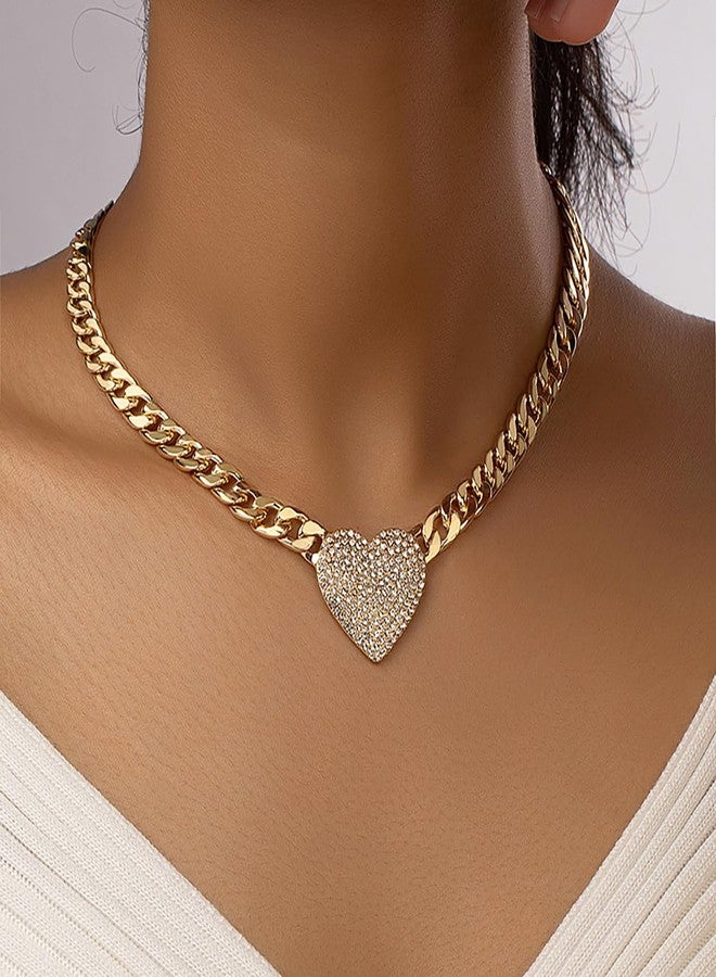 IS4U Crystal Chunky Heart Necklace Gold Silver Black Cuban Chain Choker Sparkling Rhinestone Love Heart Pendant Necklace Gold Chunky Necklace Punk Rock Hip Hop Style Jewelry for Men and Women (Gold) - Image 2